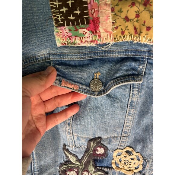 Express Altered Hand Embroidered Upcycled Patched Denim Jacket - Picture 14 of 15